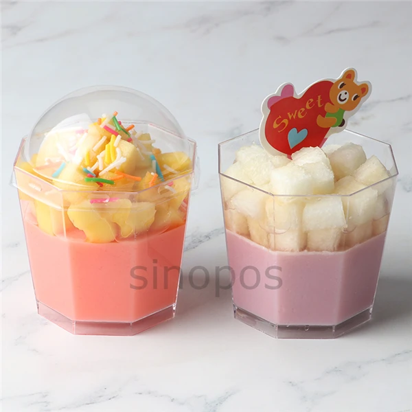 

10pcs Transparent plastic octagonal shape mousse cake cups, Pudding cup, clear sweet food packing box with lid and scoop, SP01