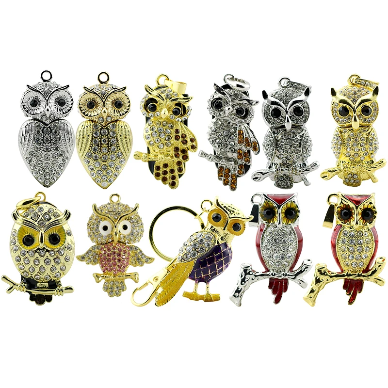 Animal USB Flash Drive Metal Diamond Owl Pendrive Nighthawk Pen Drive 4GB 8GB 16GB 32GB 64GB USB Memory Stick Gift With Necklace