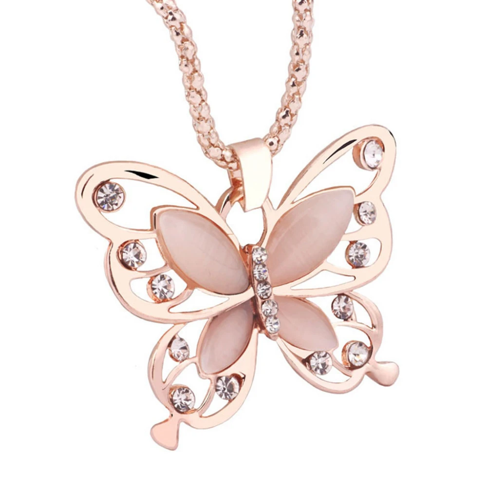 Fashion Women Rose Gold Opal Butterfly Charm Pendant Long Chain Necklace Jewelry