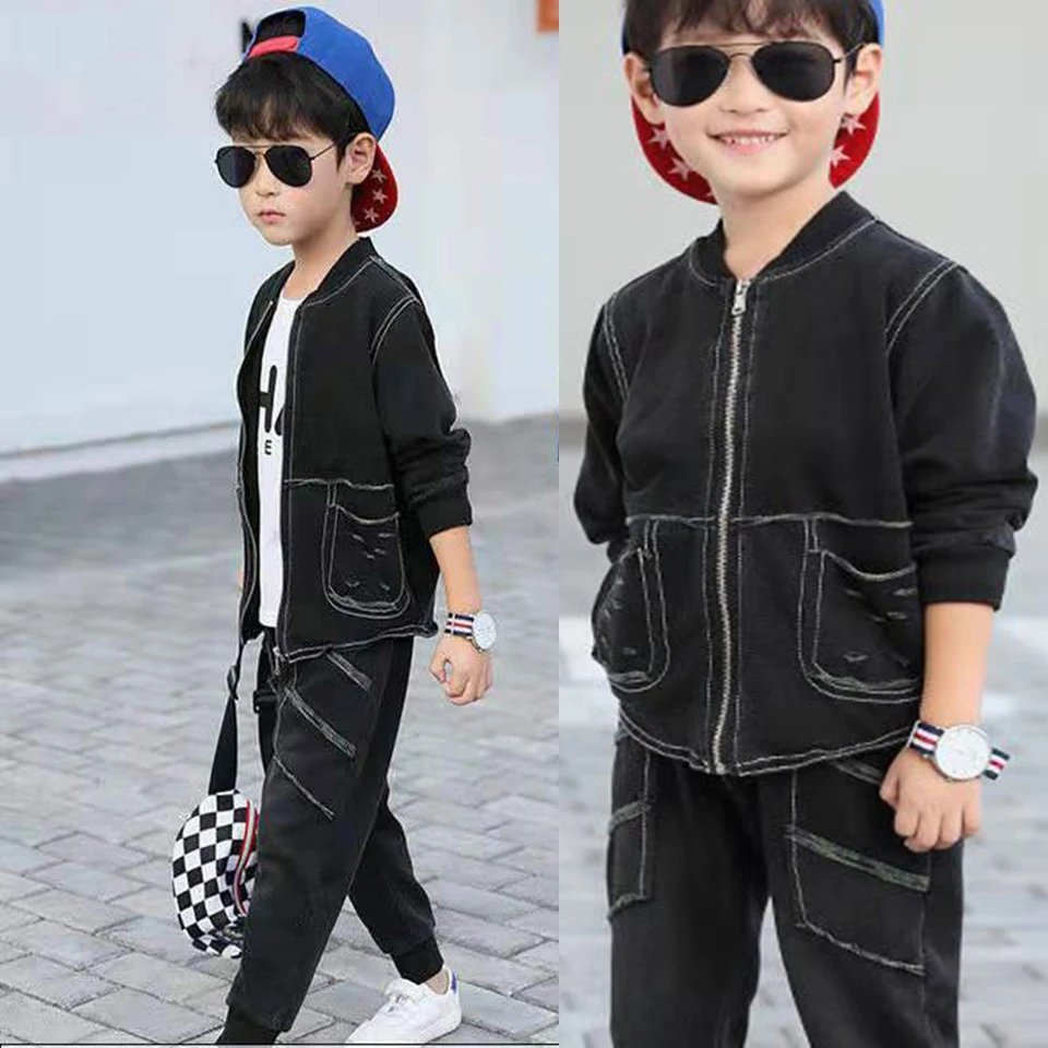 Модные осенне-весенние комплекты одежды для мальчиков хлопковые джинсовые пальто с длинными рукавами+ штаны комплекты одежды для мальчиков детские костюмы