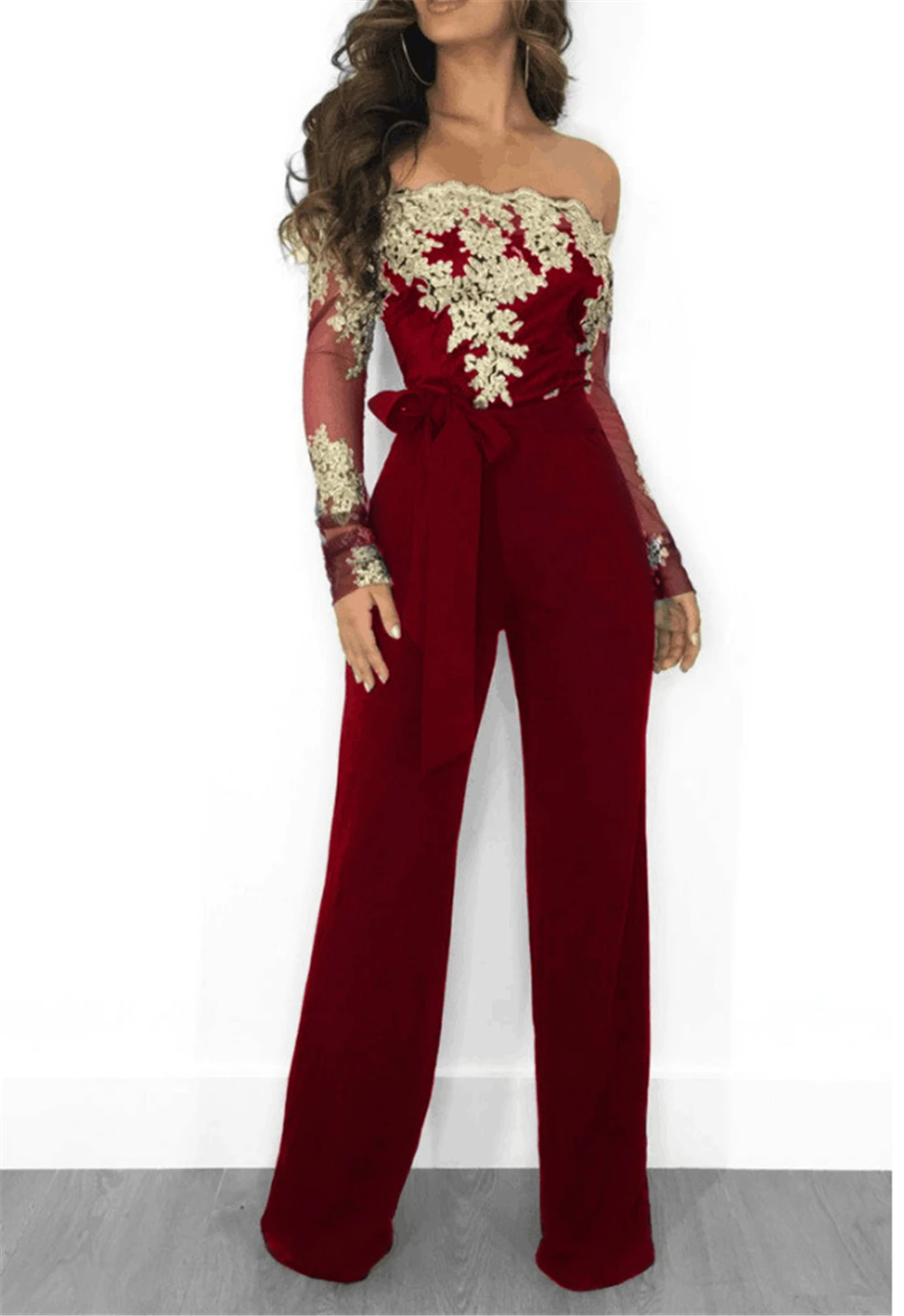 Lace Patchwork Jumpsuit Women Sexy Off Shoulder Slash Neck Long Sleeve Women Jumpsuit Elegant Slim Wide Pants Jumpsuit