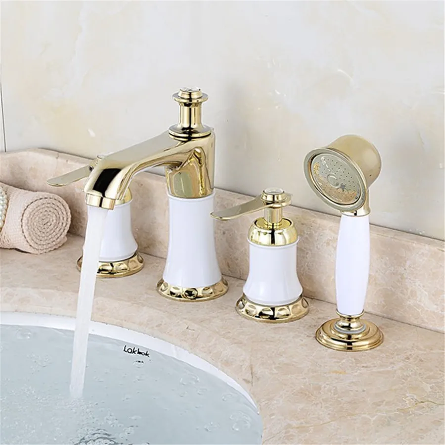 

High-end Basin Full Copper Hot And Cold Water Tap Sit Type Bathtub bathroom Faucet Shower Cabinet Roast White Paint Four Set