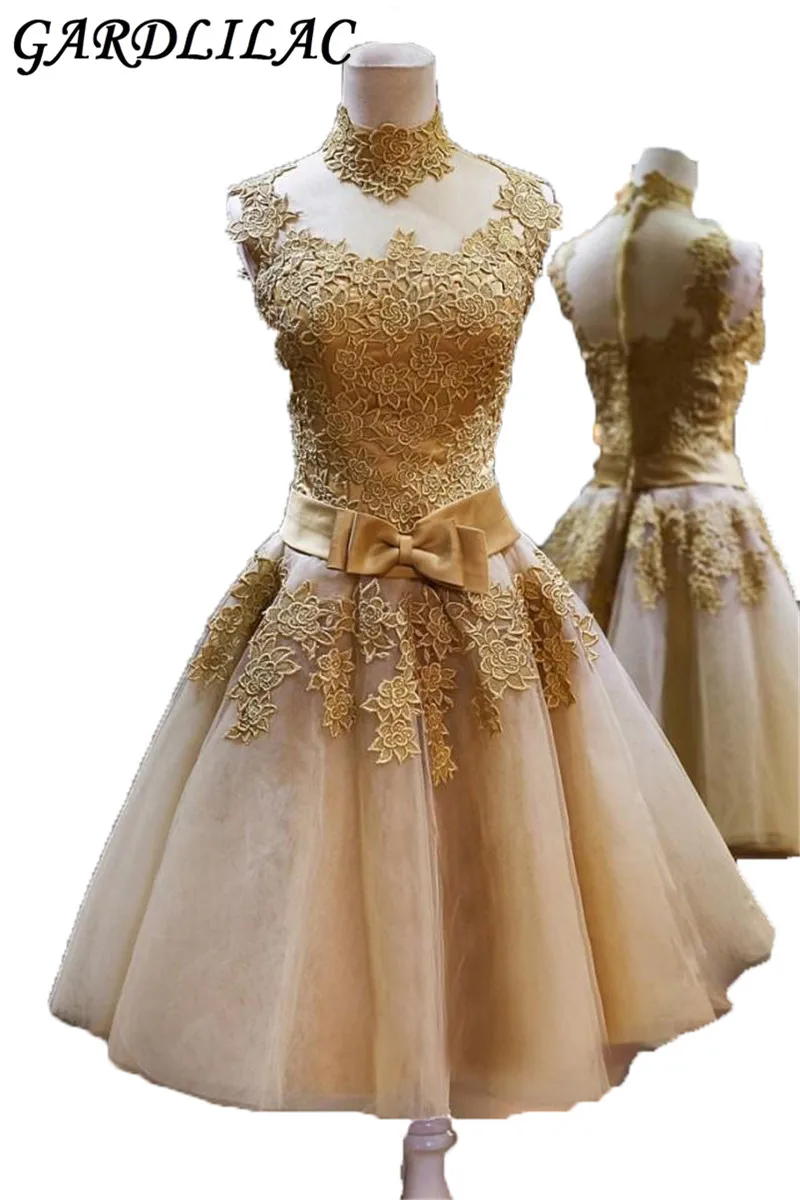 

Gardlilac hot Golden Appliques High-Neck A-line Evening Dress With Bow short off the shoulder vestido de Festa 2017