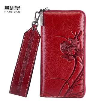 

NAISIBAO 2020 New women genuine leather wallets designer brands fashion embossing zipper long womens wallets leather clutch bags
