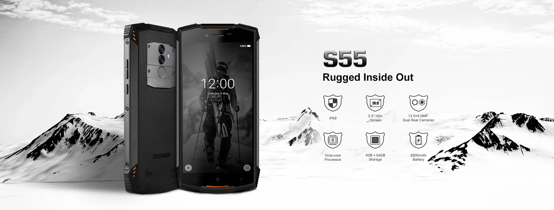 DOOGEE S55 5.5 inch 18:9 IP68 waterproof Smartphone MTK6750T 5500mAh 4GB 64GB 13.0 MP Mobile phone Android 8.0 BAK battery