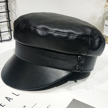 

HT2543 Newsboy Cap Vintage PU Leather Artist Painter Hat Ladies Beret Cap Women Spring Autumn Berets Casual Captain Sailor Cap