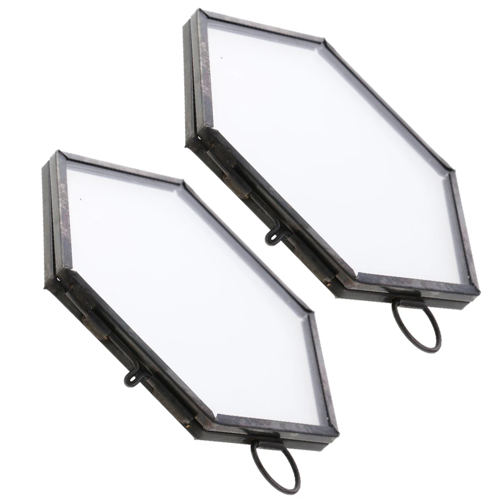 Pack of 2, Metal Glass Photo Picture Frame Wall Hanging, Postcard Leaves Flower Preserved