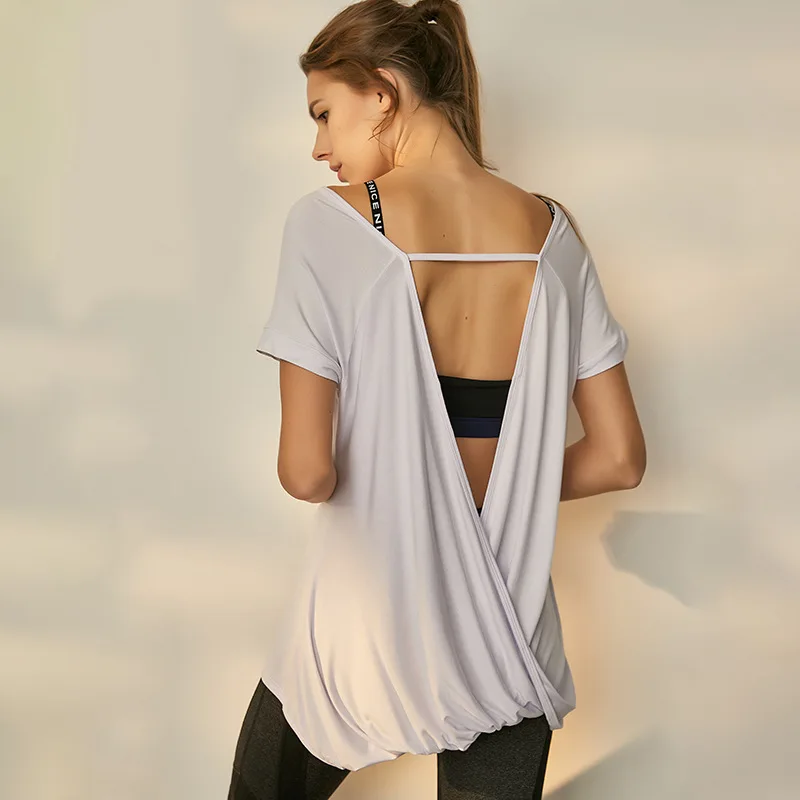 Skup Wygodny Model top do jogi damski z krótkim rękawem zapinana na krzyż t shirt bez pleców lato cienki luźny Sport Tee Gym odzież fitness