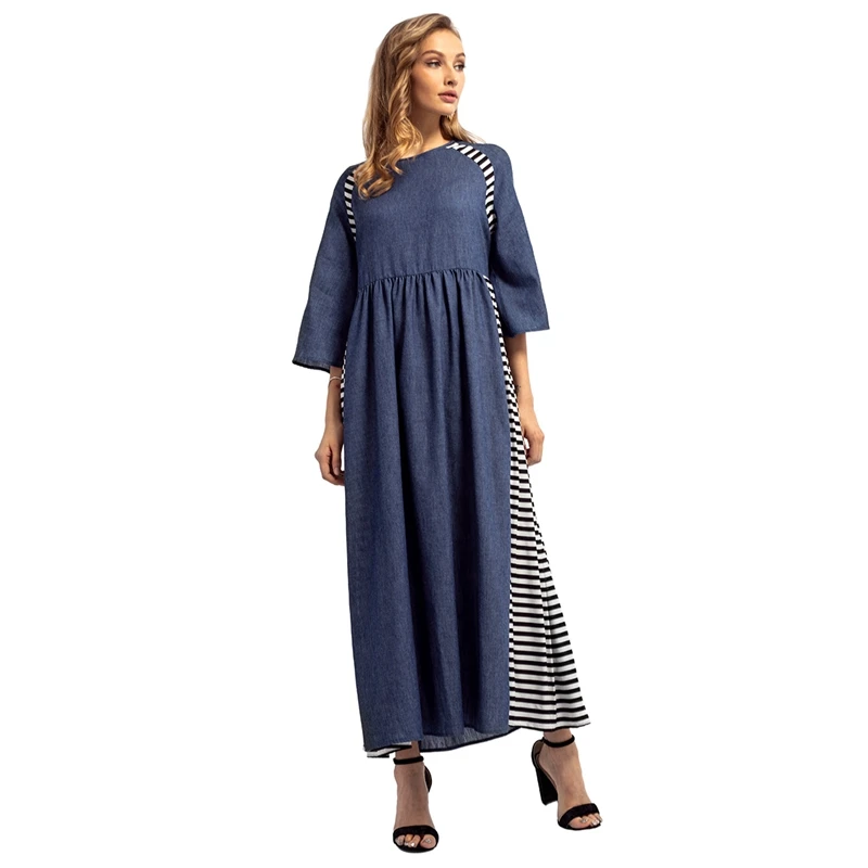 Women's Europe Muslim Middle East Denim Stitching Striped Fashion Dress Robes Women's Clothing