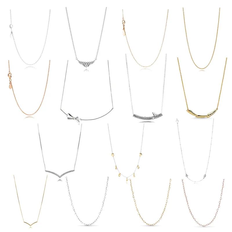 

925 Sterling Silver Pans Shine Flower Stem Necklace Wish Collier Original For Women Fashion DIY Jewelry Birthday Gift