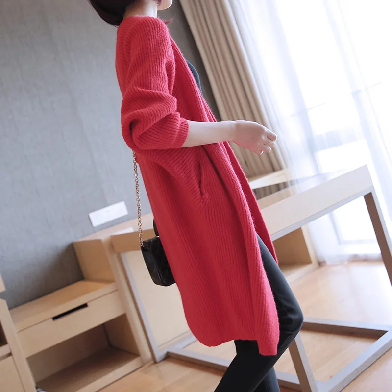 Large Size 2019 New Year Wool Knitted Sweater Women Loose Long Casual Solid Sweater Jacket Vintage Sweaters Cardigan with Pocket