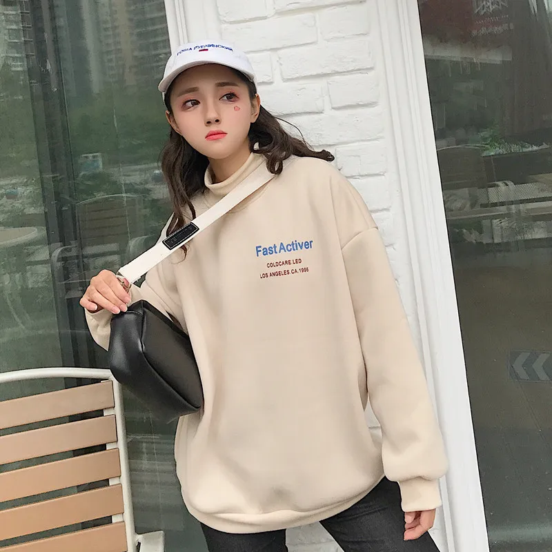 

Harajuku Women New Fashion Style Hoodies Female Letter Printed Tops Womens Velvet Korean Students Pullover Females Trendy Chic