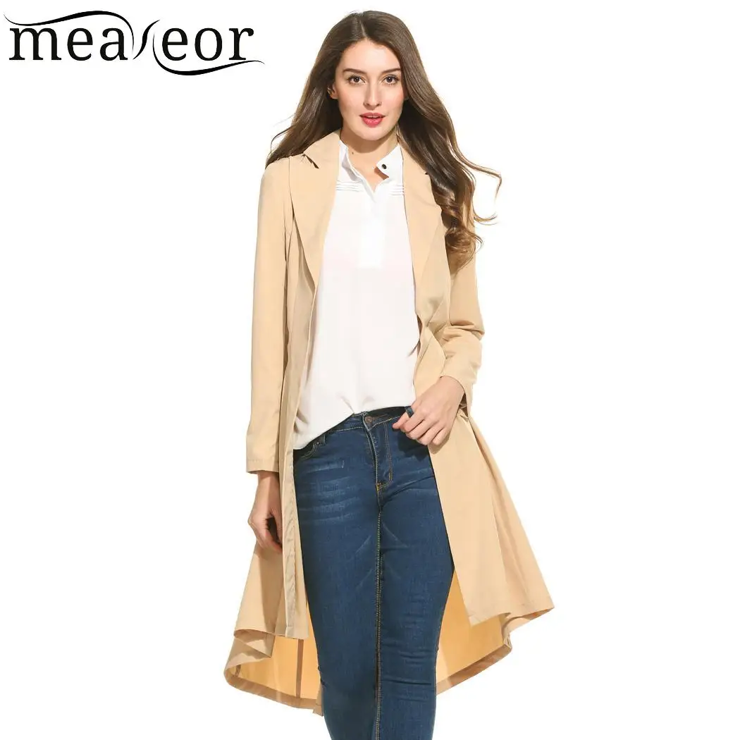 Meaneor Slim Women Overcoats Front Open Soft Trench Coat Long Sleeve