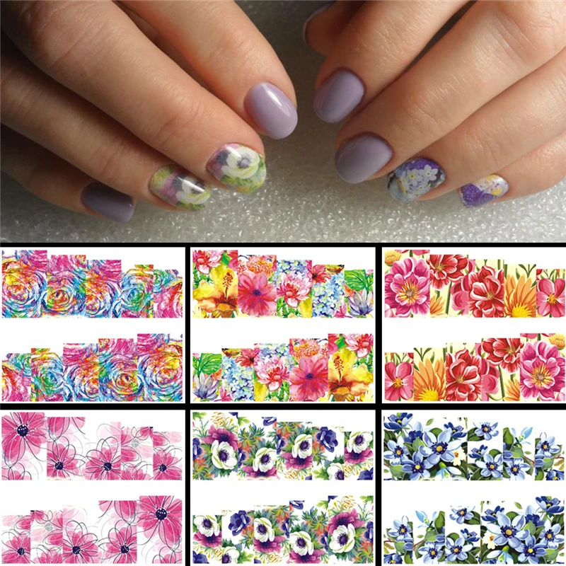 

6 Designs in 1 Chic Flower ail Art Full Wraps Nail Foils Nail Art Sticker Decals Water Transfer Tips