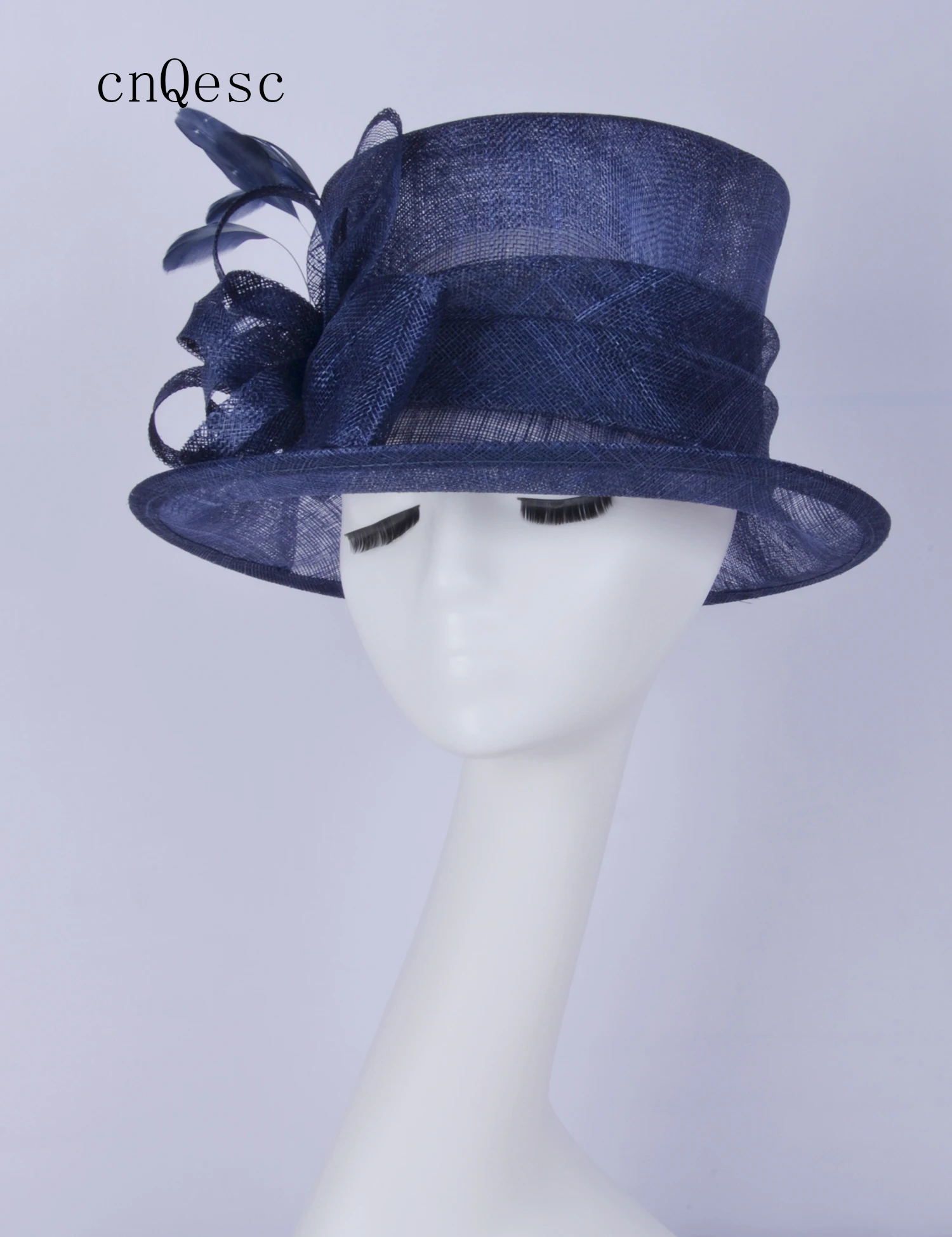 

2019 NAVY BLUE Sinamay fascinator dress hat Kentucky Derby wedding races bridal shower mother of the bride w/feathers.