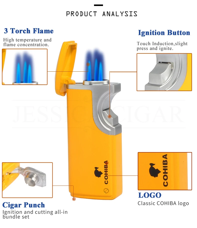 COHIBA ветрозащитная Зажигалка для сигар 3 пламенный струйный фонарь Зажигалка металлическая зажигалка со встроенным портсигар