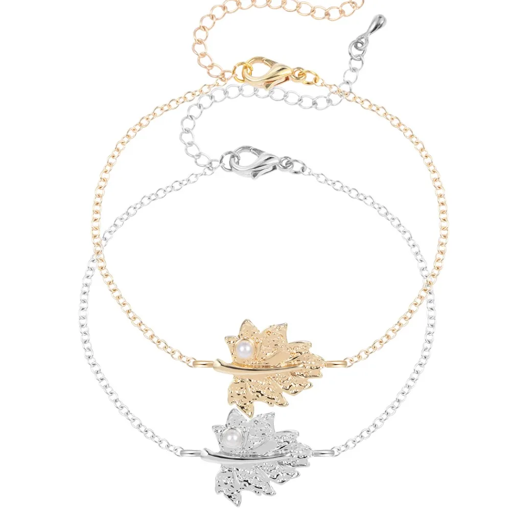 QIAMNI Handmade Jewelry Accessories Alloy Leaves Pattern Bracelet with Simulated Pearl Fashion Gift for Girls and Women | Украшения и