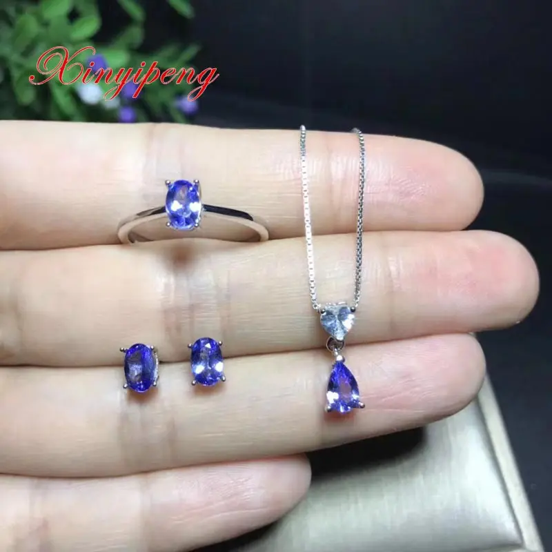 Xin yi peng 925 silver inlaid natural Tanzania stone ring earrings pendant necklace jewelry suit women suit is simple and e