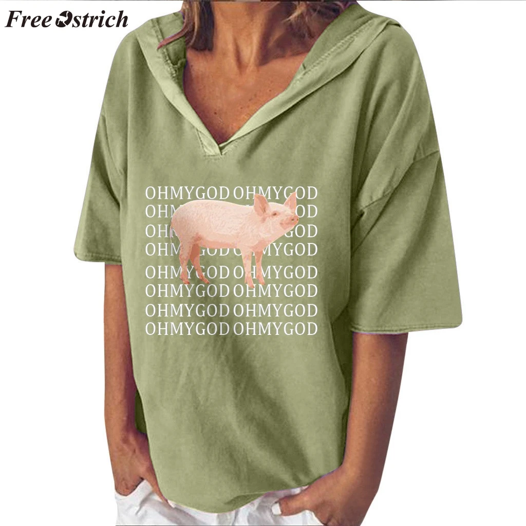 

FREE OSTRICH Pig print T-shirt women's solid color personality T-shirt fashion casual short-sleeved V-neck letter hooded T-shirt