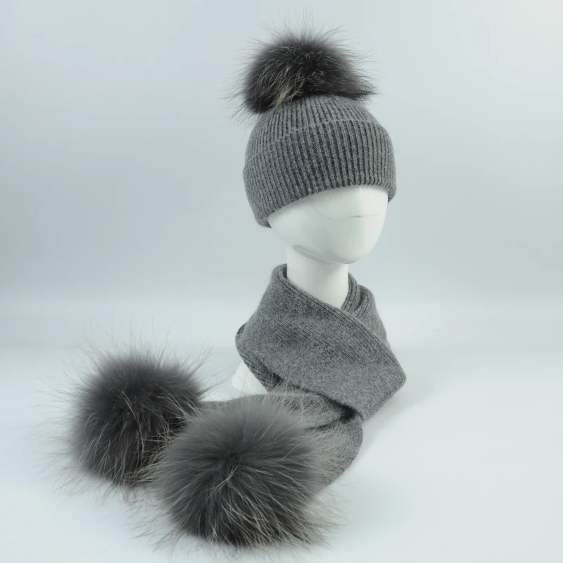 Kids Hat and Scarf Set New Fashion Children's Knit Beanie Hat Scarf Set Real Raccoon Fur Pom Pom Soft Baby and