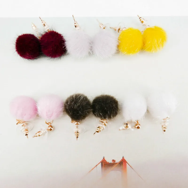 Women Love Heart Soft Fur Ball Pom Pom Long Dangle Stud Earrings Jewelry Gift 
