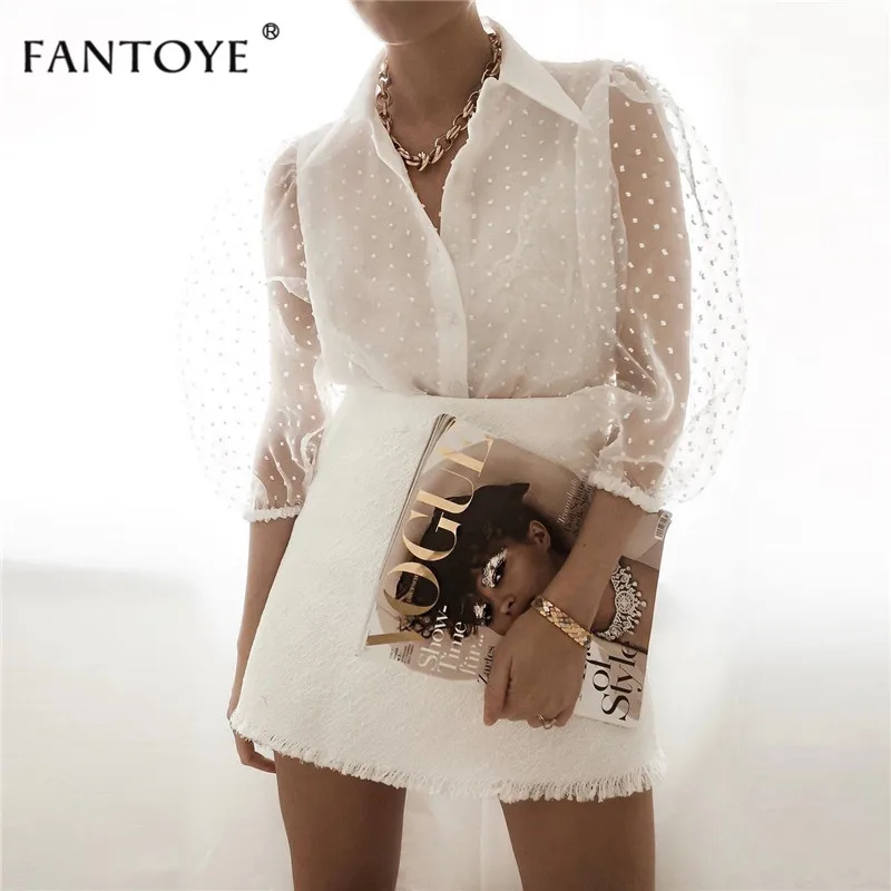 Fantoye, Весенняя новинка, женская шифоновая блузка, рубашка, сексуальная, прозрачная, сетка, бисер, с пышными рукавами, женские офисные рубашки, женская блуза, наряды