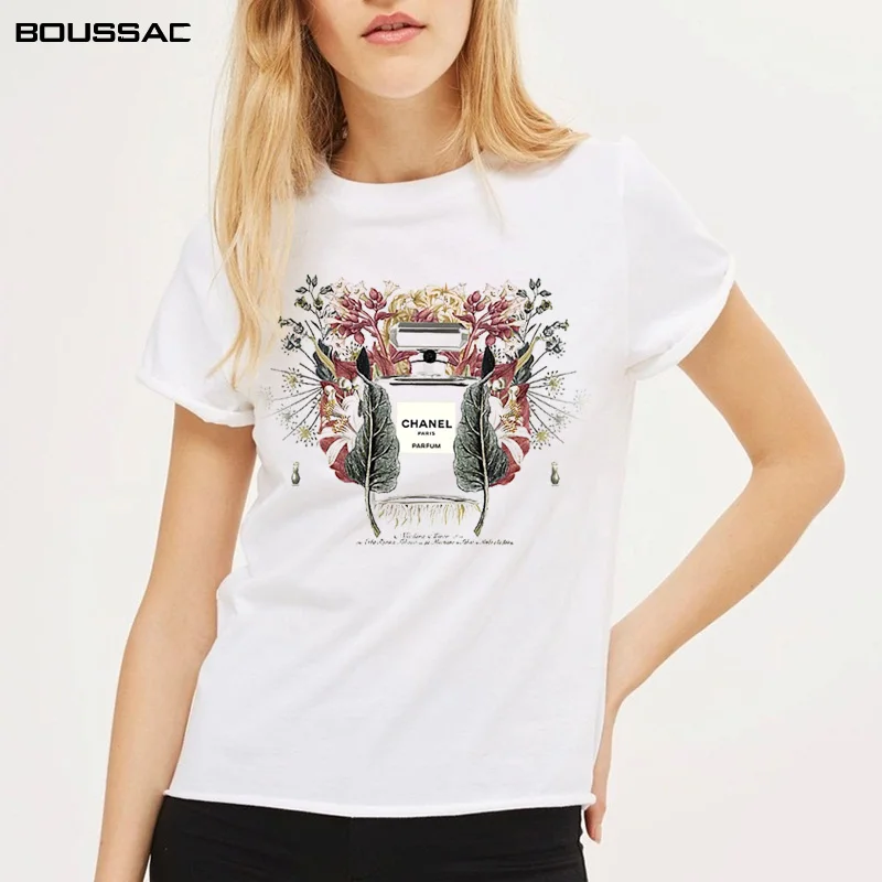 

Women Clothes Summer 2019 New Harajuku Vogue Female T-Shirt Woman Flower Perfume Print White Cotton Plus Size Short Sleeves tops