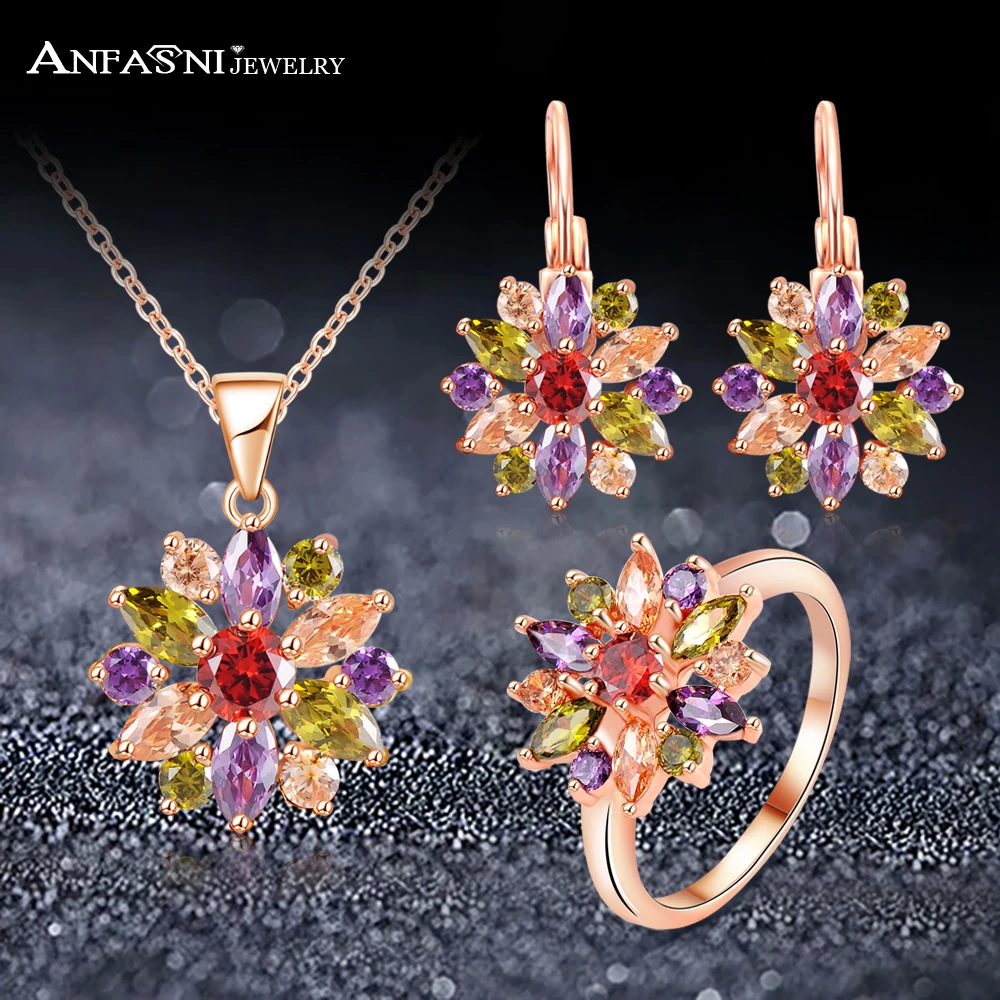 

ANFASNI High Quality Rose Gold Color Jewelry Sets For Women With Multicolor AAA Zircon Luxury Elegant Jewelry Gift CST0051
