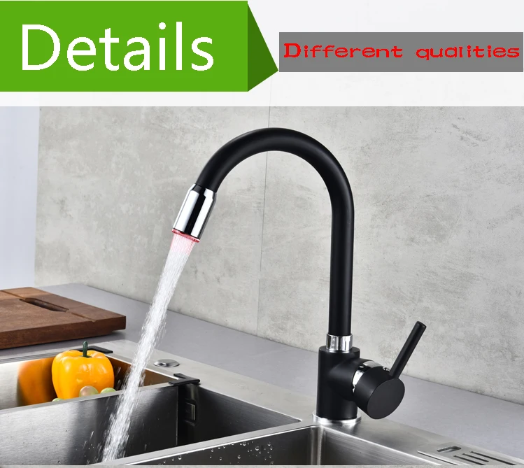 Светодиодный светильник для водопроводного крана, меняющий цвет, черный латунный кухонный кран, светильник с датчиком температуры для кухонного смесителя