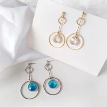 Модные женские серьги-гвоздики, геометрические круглые длинные золотые серьги, красивые прозрачные синие полимерные серьги для женщин