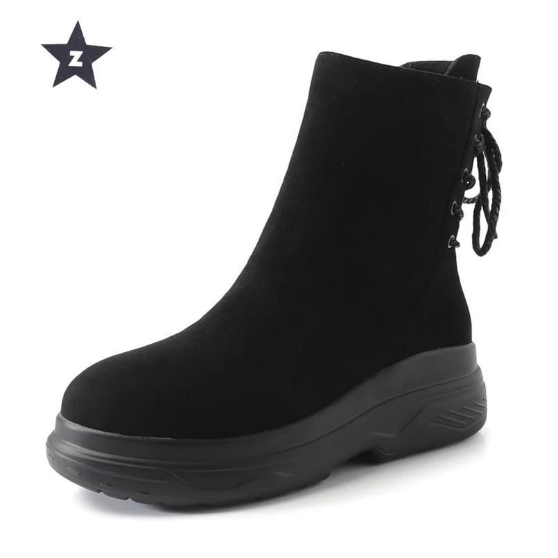 Goede Z Mid Kalf Laarzen Vrouwen Warm Furry Motorlaarzen Zwart Zip Retro Casual Booties Ontwerp Handgemaakte Strik Vrouwen Laarzen vrouwelijke