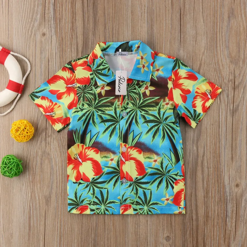 Pudcoco/ г. Рубашки для мальчиков в гавайском стиле Лидер продаж, летняя пляжная рубашка с принтом цветов кокосовой пальмы для маленьких мальчиков повседневные топы для мальчиков