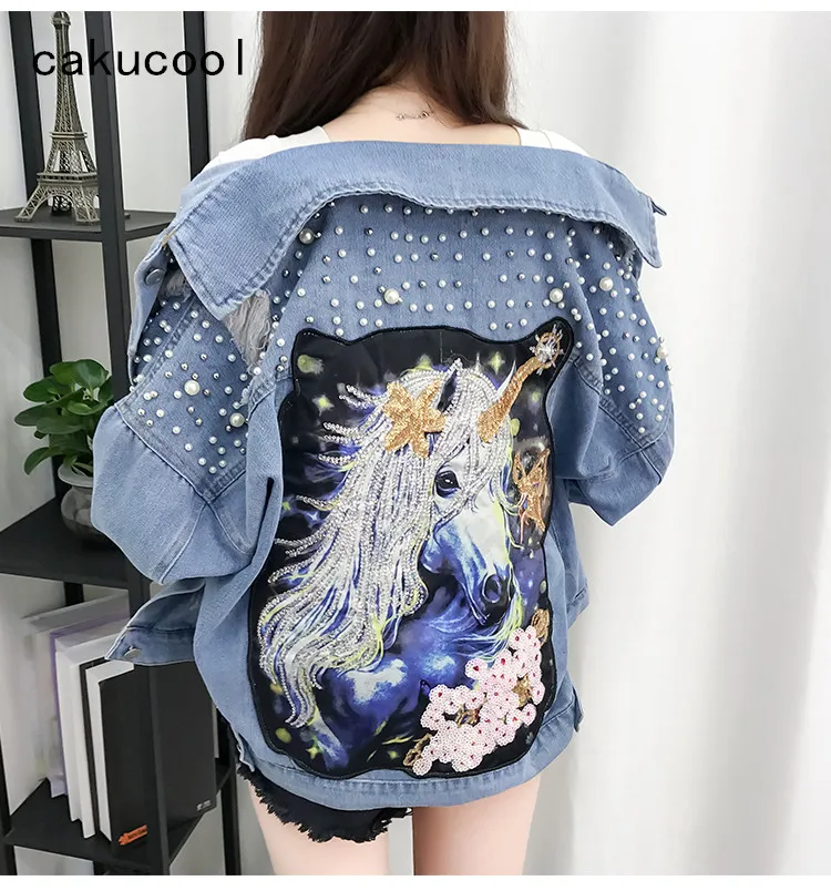 

Cakucool Denim jacket Women Spring Pearls Bead Sequined Cartoon Outerwear Loose Casual Jean coat Korean Frayed Maxi jacket Women