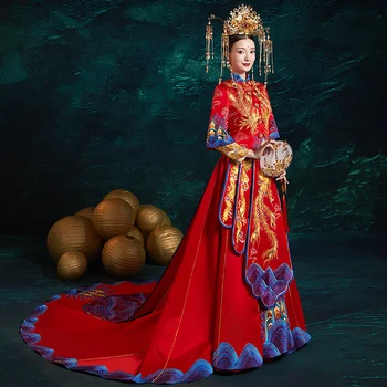 

Overseas Chinese Bride Wedding Qipao Red Royal Female Trailing Dress Oversize Vestidos High Quality Embroidery Cheongsam Suit