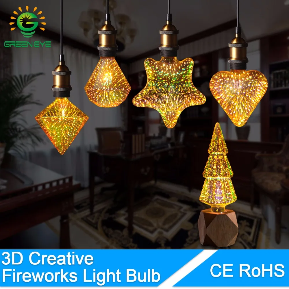 

GreenEye Led Bulb 3D Decoration Bulb Retro LED Edison Bulb E27 Lamp a60 st64 Star/Heart/Diamond christmas decorations for home