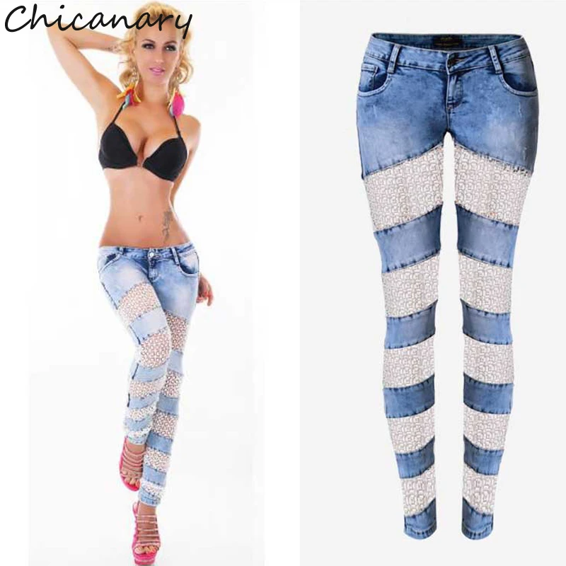 Europe Fashion Hollow Out Lace Splicing Low Waist Stretchy Denim Jeans Skinny Pencil Pants Women Plus
