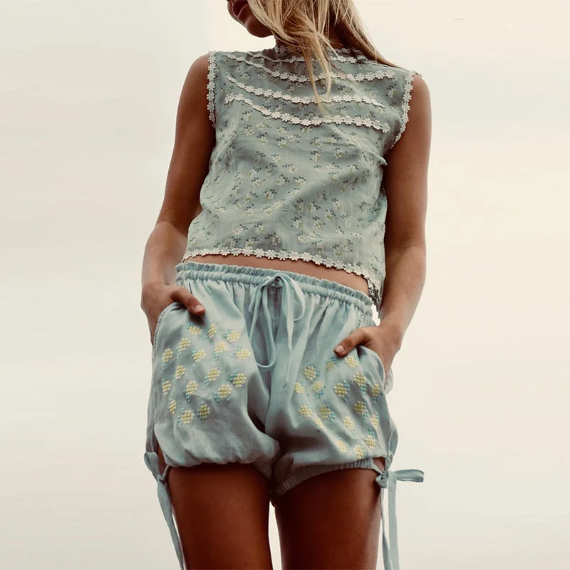 

Mint green Floral Print Sleeveless Linen BLOUSE Top Floral Embroidered Tied back Crop tops Woman