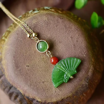 

JoursNeige Green Natural Stone Necklace fan Pendant Lucky For Women Summer Clavicular Chain Necklace Fashion Jewelry