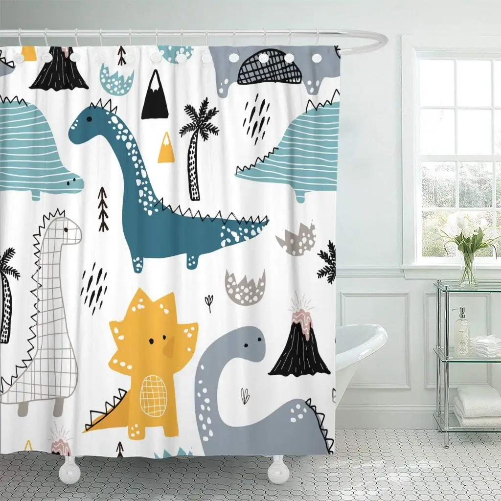 Waterproof Shower Curtains Black Dinosaur Childish With Dino In