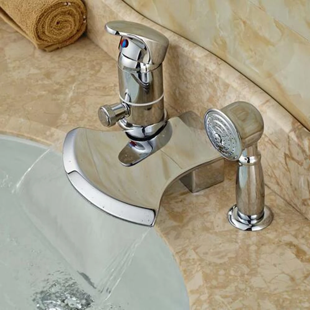 Chrome Polsh One Handle Waterfall Bathtub Mixer Faucet W/ Hand Shower