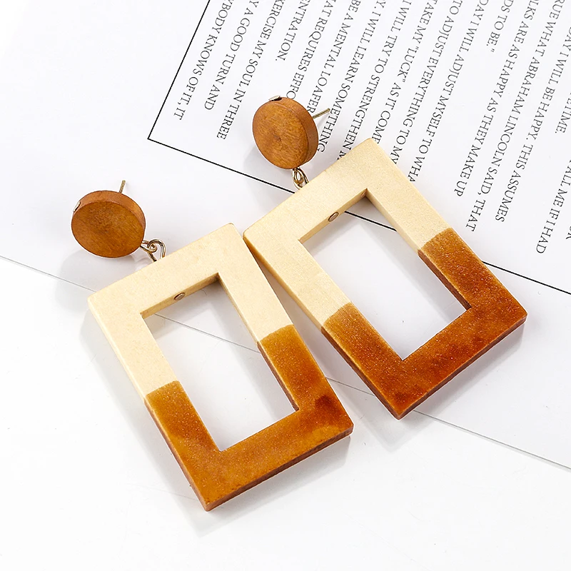 

Flashbuy Wood Square Hollow Stitching Color Drop Earrings For Women Bohemia Jewelry Simple Geometric Dangle Earrings