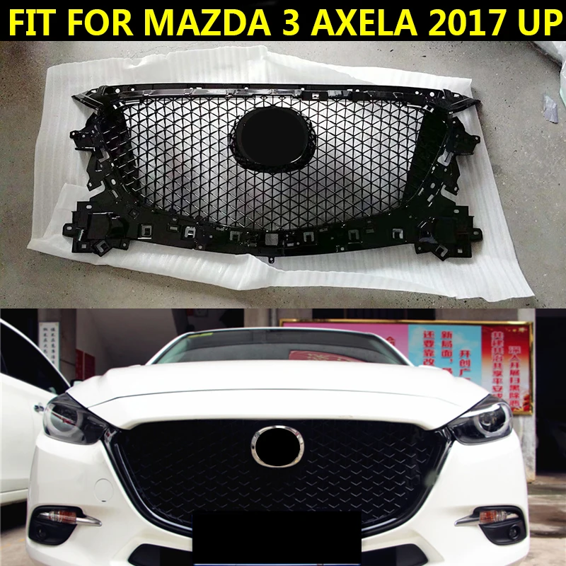 

Car Accessories For Mazda 3 Axela 2017 2018 ABS Gloss Black Front Bumper Grill Upper Grille Honeycomb Cover Protector