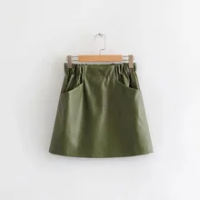 Весна, Новое поступление, кожаная юбка в американском стиле, тонкая однотонная мини-юбка с двумя карманами на талии, одежда