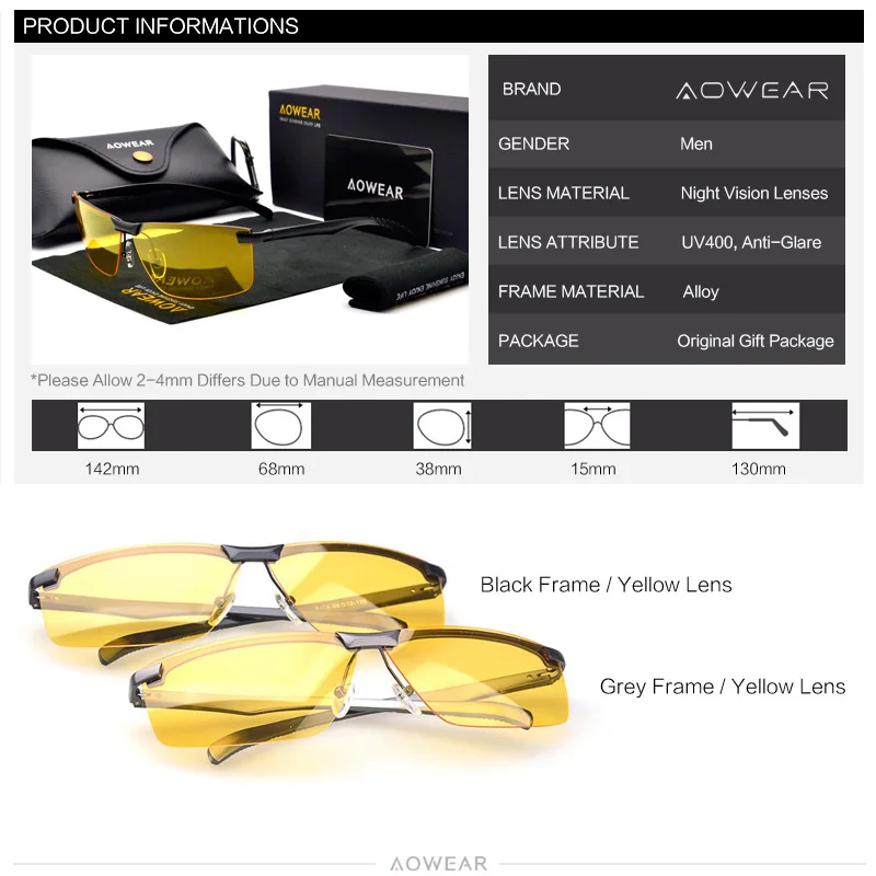 AOWEAR HD очки ночного видения для ночного вождения, защитные очки для вождения автомобиля, антибликовые желтые солнцезащитные очки, мужские поляризованные очки
