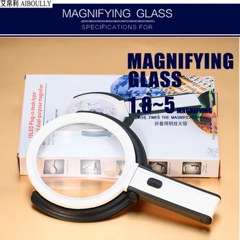 

AIBOULLY 5x magnification foldable magnifying glass Elder life tools with LED lights Outdoor survival magnifying glass Fishing