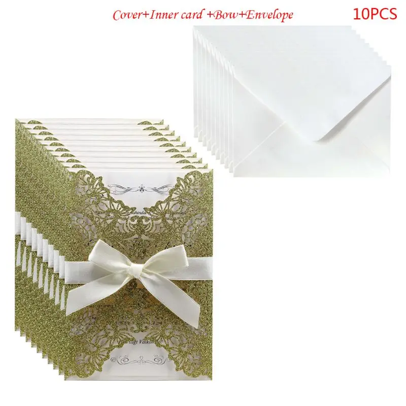  10pcs/set Laser Cut Glitter Lace Wedding Invitation Cards With Bow Ribbon Envelopes For Bridal Show - 33046902035