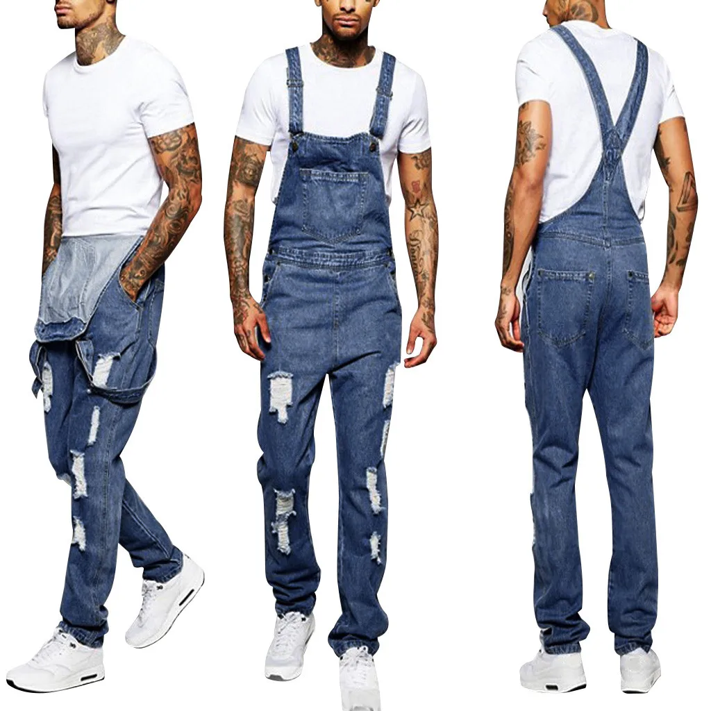 Мужские джинсы с дырками, комбинезон, уличная одежда, штаны на подтяжках, S-3XL
