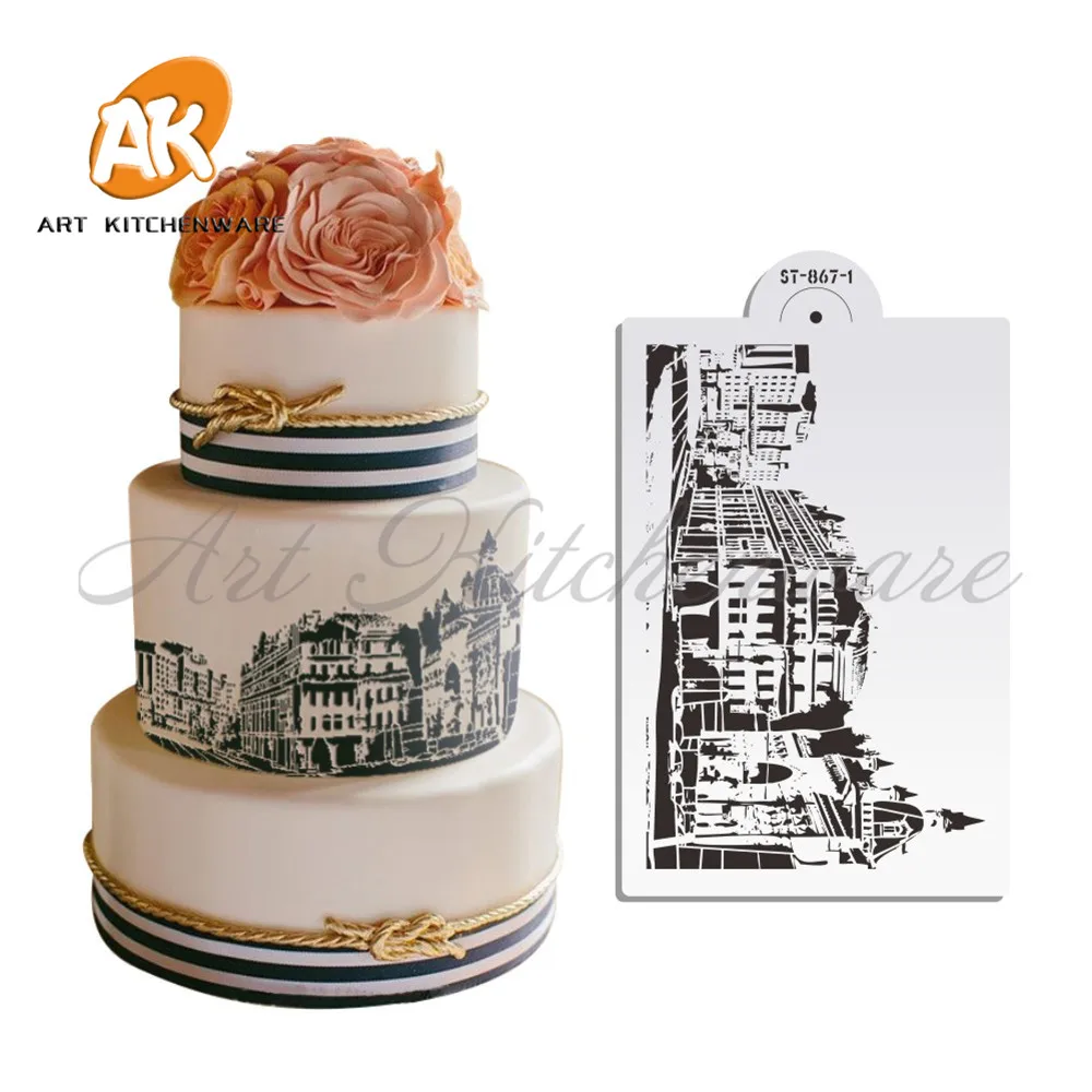 

New Mexico Style Building Stencil Wedding Designs Cake Stencil,City Cucoloris Plastic Fondant Cake Decorating Tools ST-867-1