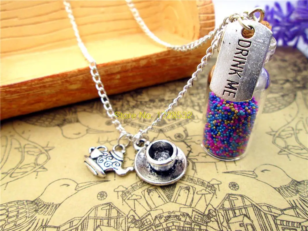 

Drink Me necklace alice in wonderland teapot and cup tea time necklace 2ml glass bottle (inside:9 colors)