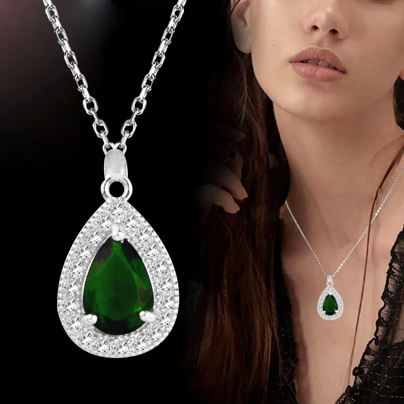 

SINLEERY Elegant Blue Green Crystal Teardrop Necklace Pendants Lady Silver Color Link Chain Wedding Party Jewelry XL159 SSK
